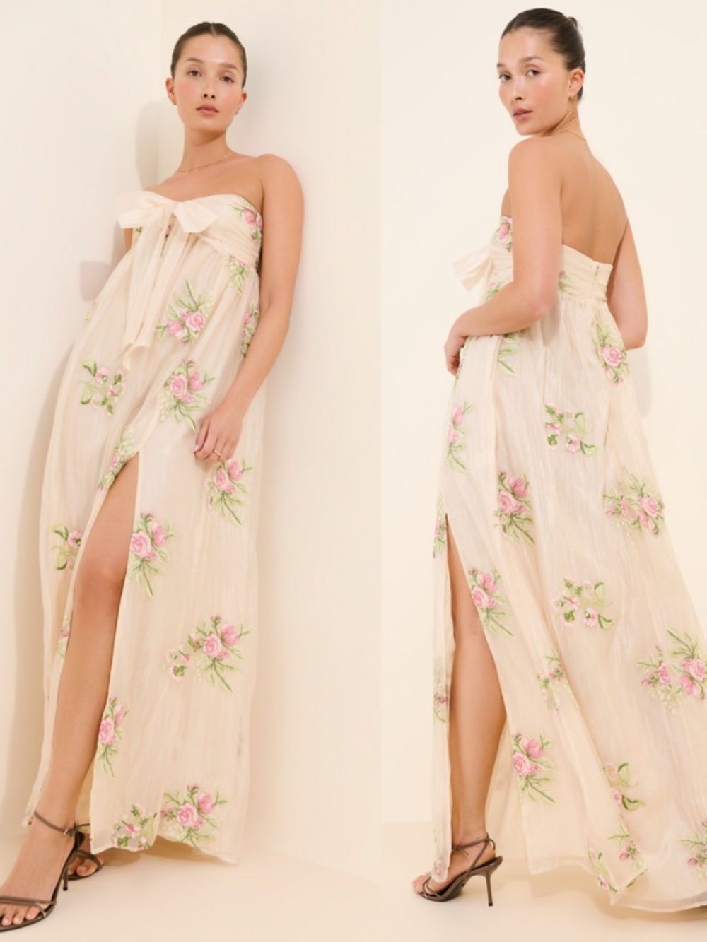 Lulu's Cream Strapless Maxi Dress with Pink Rose Embroidery